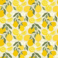 Fresh Lemon Fruits Seamless Pattern. Summer citrus with lemon flowers, branches, half cut lemons and lemon slices for fabrics, wallpaper, prints, juice products. vector