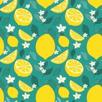 Seamless Hand Drawn Lemon Fruits Pattern. Colorful fresh citrus with blossoming branches, leaves, half cut lemons and lemon slices for fabrics, wallpaper, prints, juice products. vector