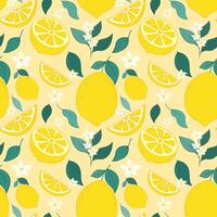 Hand Drawn Outline Lemon Fruits Seamless Pattern. Colorful fresh citrus with blossoming branches, leaves, half cut lemons and lemon slices for fabrics, wallpaper, prints, juice products. vector