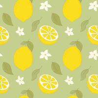 Fresh Lemon Fruits Seamless Pattern. Summer citrus with lemon flowers, leaves, half cut lemons and lemon slices for fabrics, wallpaper, prints, juice products. vector