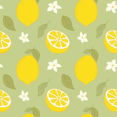 Fresh Lemon Fruits Seamless Pattern. Summer citrus with lemon flowers, leaves, half cut lemons and lemon slices for fabrics, wallpaper, prints, juice products.