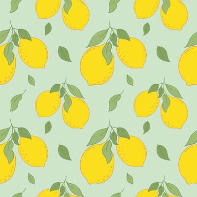 Hand Drawn Outline Lemon Fruits Seamless Pattern. Colorful fresh citrus, lemons pattern. Cartoon summer citrus fruit backdrop for fabrics, wallpaper, prints, juice and vitamin products.