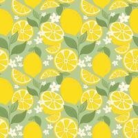 Lemon Fruits Seamless Pattern. Fresh citrus with lemon flowers, leaves, half cut lemons and lemon slices for fabrics, wallpaper, prints, juice products. vector