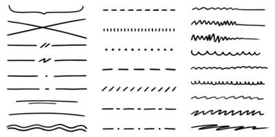 Set of abstract curved hand drawn lines, underline, highlight lines, underline strokes, scribbles, dots, dashes. Wavy, straight, curved lines. vector