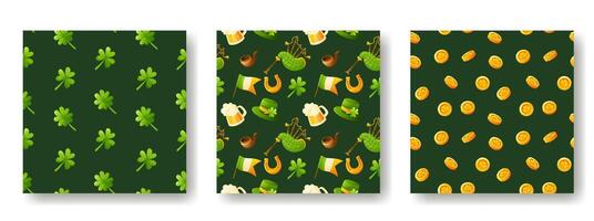 Set of seamless patterns for St. Patricks Day on a green background. Pattern with the image of coins, shamrock, clover and leprechaun hat. Festive texture, background vector