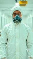 person in a white protective suit and respirator maintains a serious expression photo
