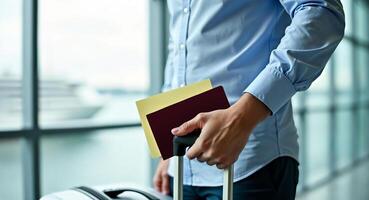 traveler's hand holding a passport and boarding pass while gripping a suitcase handle photo