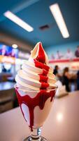 close-up view of a creamy soft-serve ice cream dessert with a rich red syrup photo