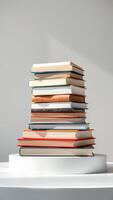 neatly stacked collection of various books displayed on a white pedestal photo