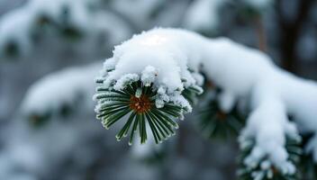 close-up of a snow-covered pine branch in winter photo