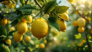 Lemon orchard in sunlight with ripe lemons hanging from branches amidst vibrant green leaves, creating a serene and refreshing atmosphere in early morning photo