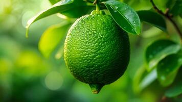 Lime hanging on a tree branch in a lush green garden during early morning hours, surrounded by vibrant foliage and morning dew photo