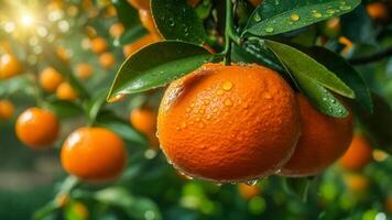 Fresh oranges hang from a lush green tree in an orchard during early morning hours, illuminated by soft sunlight, showcasing droplets of water on the fruit's surface photo