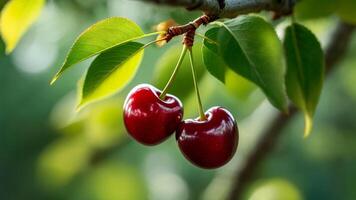 Red cherries hang from a green tree branch, surrounded by vibrant leaves, in a soft-focused orchard setting during late spring photo