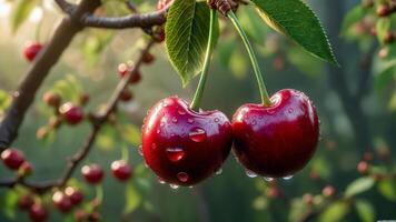 Freshly picked cherries hang from a branch in a lush orchard during the early morning, glistening with dew droplets that catch the soft sunlight filtering through the leaves photo