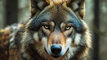 Close-up view of a majestic wolf in its natural habitat showcasing striking features and intense gaze against a blurred forest background during daylight photo