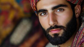 Dignified Portrait of a Young Middle Eastern Man with Beard in Traditional Clothing with Smooth Colorful Background photo