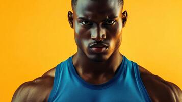 Intense portrait of a determined male athlete in a blue tank top against a vibrant orange background, exuding strength and focus. photo