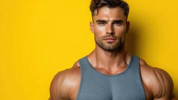 Portrait of a muscular man with a defined jawline and confident expression, wearing a gray tank top against a yellow background. photo