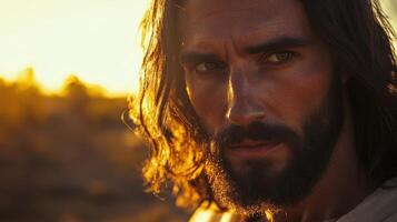 A captivating close-up of Jesus Christ focusing on his deep, reflective eyes, emphasizing serenity and divine contemplation. photo