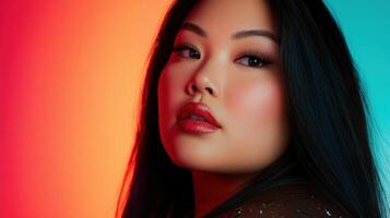 Confident Portrait of a Beautiful Plus-Size Asian Model with Long Straight Hair in Stylish Clothing with Smooth Colorful Background photo