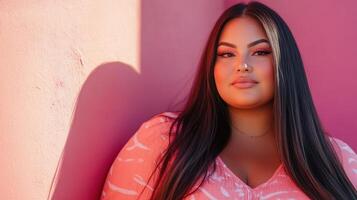 Relaxed Plus-Size Latina Model with Long Straight Hair in Stylish Clothing photo