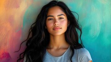 Close-up portrait of a young woman with wavy hair and a natural expression, surrounded by a soft, blurred background. photo