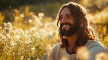 A close-up portrait of Jesus Christ with a gentle smile and expressive eyes, radiating kindness and compassion under soft light. photo