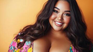 Portrait of a confident woman with long wavy hair and vibrant makeup, smiling warmly against a soft orange background. photo