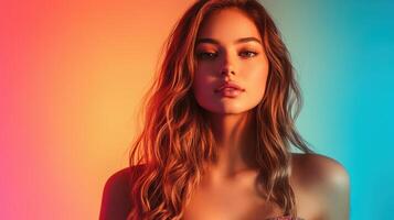 Serene Portrait of a Beautiful Caucasian Model in Modern Dress with Smooth Colorful Background photo