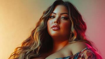 Relaxed Portrait of a Beautiful Plus-Size Latina Model with Long Wavy Hair in Stylish Clothing with Smooth Colorful Background photo