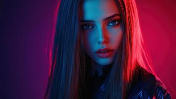 Close-up of a woman with striking features, illuminated by vivid neon red and blue lighting, creating a bold atmosphere. photo