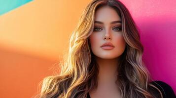 Close-up portrait of a confident woman with flowing wavy hair, soft makeup, and a warm gradient red background, exuding elegance. photo