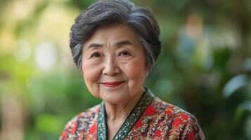 Portrait of a smiling elderly woman in vibrant traditional clothing, surrounded by lush greenery and soft, colorful background. photo