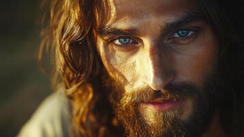An intense close up portrait of Jesus Christ, highlighting piercing blue eyes, serene expression, and divine presence in warm lighting. photo