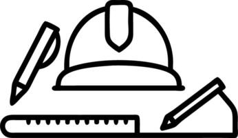 Yellow hard safety helmet with architectural blueprints rolls pencils pens ruler protractor tape measure on table at construction site symbolizing safety and planning concept as Y Clean vector