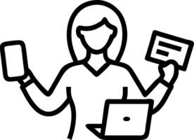 Woman holding mobile phone and laptop in co working space symbolizes multitasking digital productivity and modern workplace dynamics concept as Highlights the role of mobile appli Clean vector