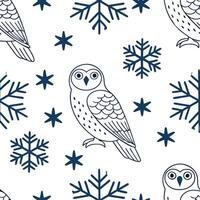 Winter snowflakes and snowy owls seamless tile pattern with mystical winter elements concept as Mystical snowy owls paired with winter snowflakes create a seamless tile pattern wit Clean vector