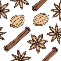 Warm autumn spices seamless tile pattern with cinnamon sticks nutmeg and cloves concept as Cinnamon sticks nutmeg and cloves in warm autumn tones create a cozy spices seamless tile Clean vector