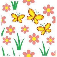 Vibrant spring nature seamless pattern with blooming flowers and fluttering butterflies for lively outdoor scenes concept as Lively spring pattern with blooming flowers and butterf Clean Set 2 vector