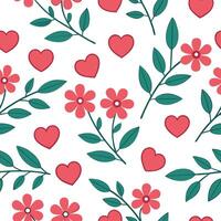 Valentine hearts and flowers seamless tile pattern with blooming blooms and vibrant reds for romantic decor concept as Blooming flowers and vibrant red hearts arranged seamlessly f Clean vector