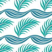 Tropical summer waves seamless pattern with palm leaves and wave textures for exotic beach themed designs concept as Tropical beach wave pattern with palm leaves and wave textures Clean Set 2 vector