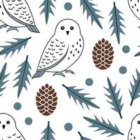Snowy owl and pine cone seamless tile pattern with winter forest elements concept as Snowy owls perched on pine cones create a seamless tile pattern with winter forest elements for Clean vector