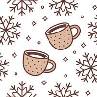 Snowflake and hot beverage seamless tile pattern with cozy winter elements and warm colors concept as Cozy winter elements like mugs of hot beverages paired with snowflakes create Clean vector
