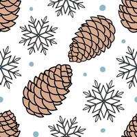 Snowflake and holiday pinecone seamless tile pattern with festive winter elements concept as Festive pinecones paired with snowflakes create a seamless tile pattern with vibrant wi Clean vector