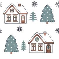 Snow covered Christmas village seamless tile pattern with charming winter houses and snowflakes concept as Charming winter houses and snowflakes dusted with snow create a snow cove Clean vector