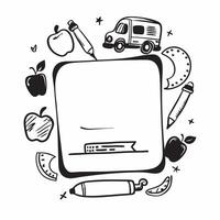 School Bus Border with Apples and Welcome Back Wording concept as A vibrant border frame featuring a yellow school bus apples and colorful crayons The words Welcome Back are promi Clean Set 7 vector