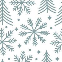 Scandinavian snowflakes and pine trees seamless tile pattern with cool tones and minimalist designs for modern decor concept as Cool toned snowflakes and pine trees arranged seamle Clean Set 2 vector