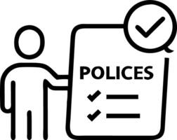 Policy documentation and compliance with man reviewing digital document labeled Policies with icons checklists certifications financial detail representing policy management and re Clean Set 2 vector