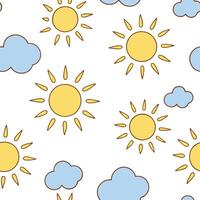 Playful spring sunshine seamless pattern with bright rays and whimsical clouds for fun energetic designs concept as Fun spring sunshine pattern with bright rays and whimsical cloud Clean Set 2 vector